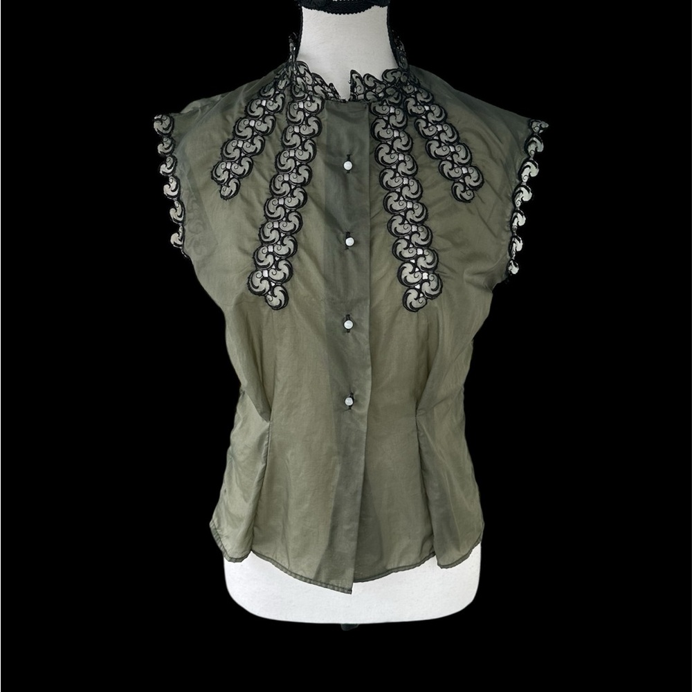 Vintage Victoria Olive Women's Blouse with Black Lace
